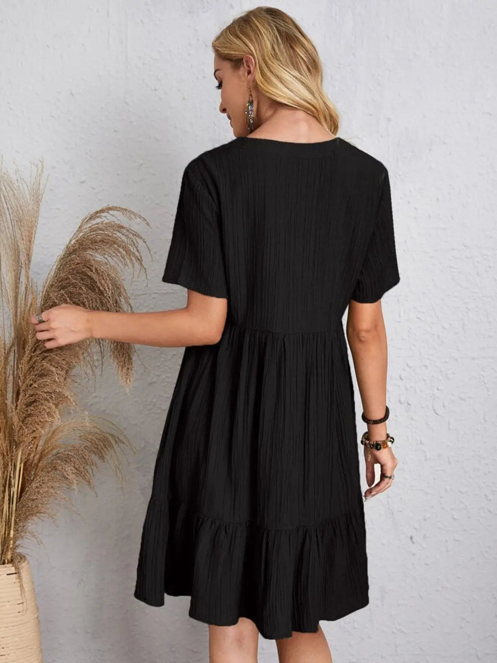 Boho Textured V-Neck Short Sleeve Babydoll Dress