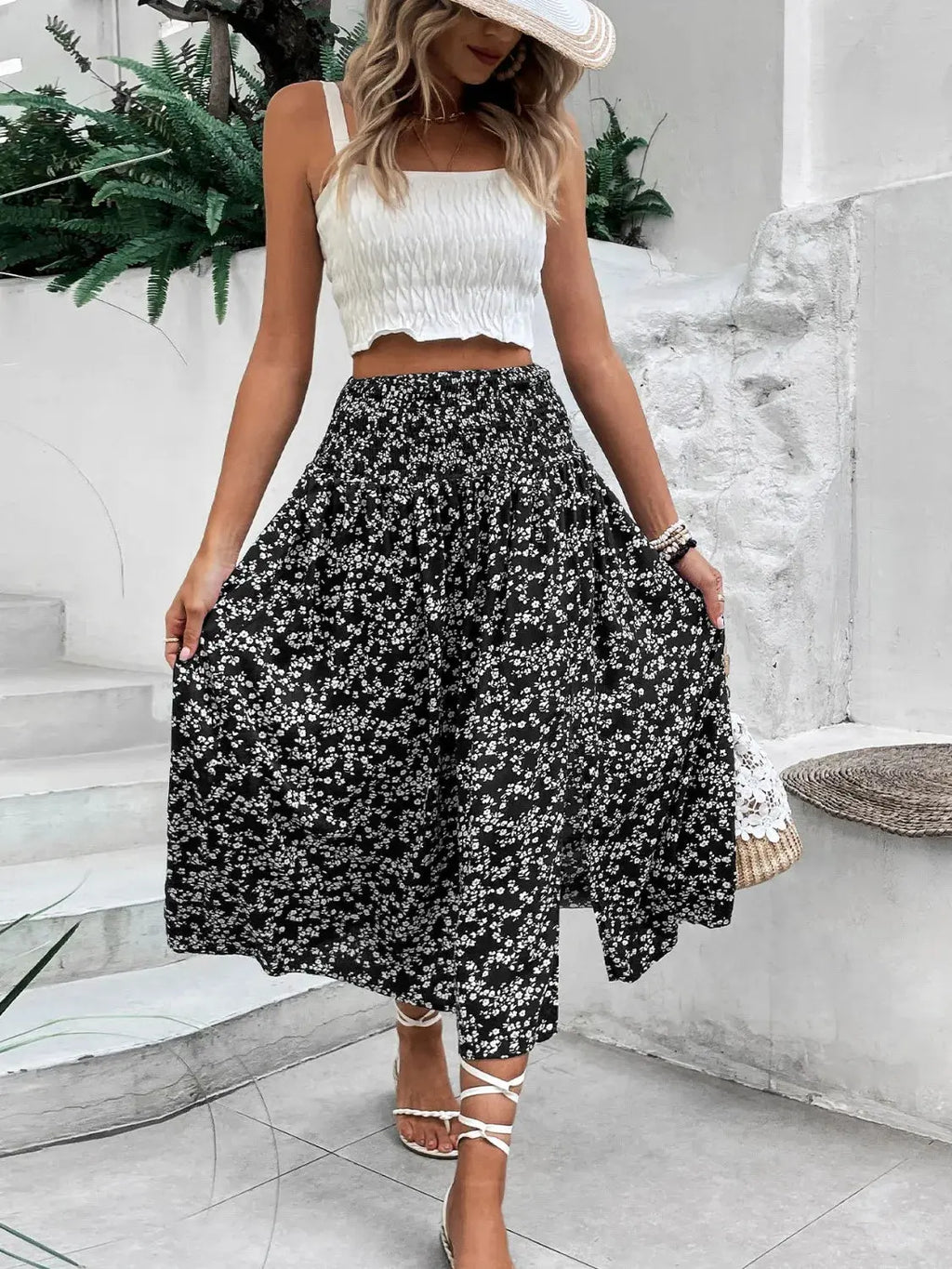 Slit Smocked High Waist Floral Midi Skirt
