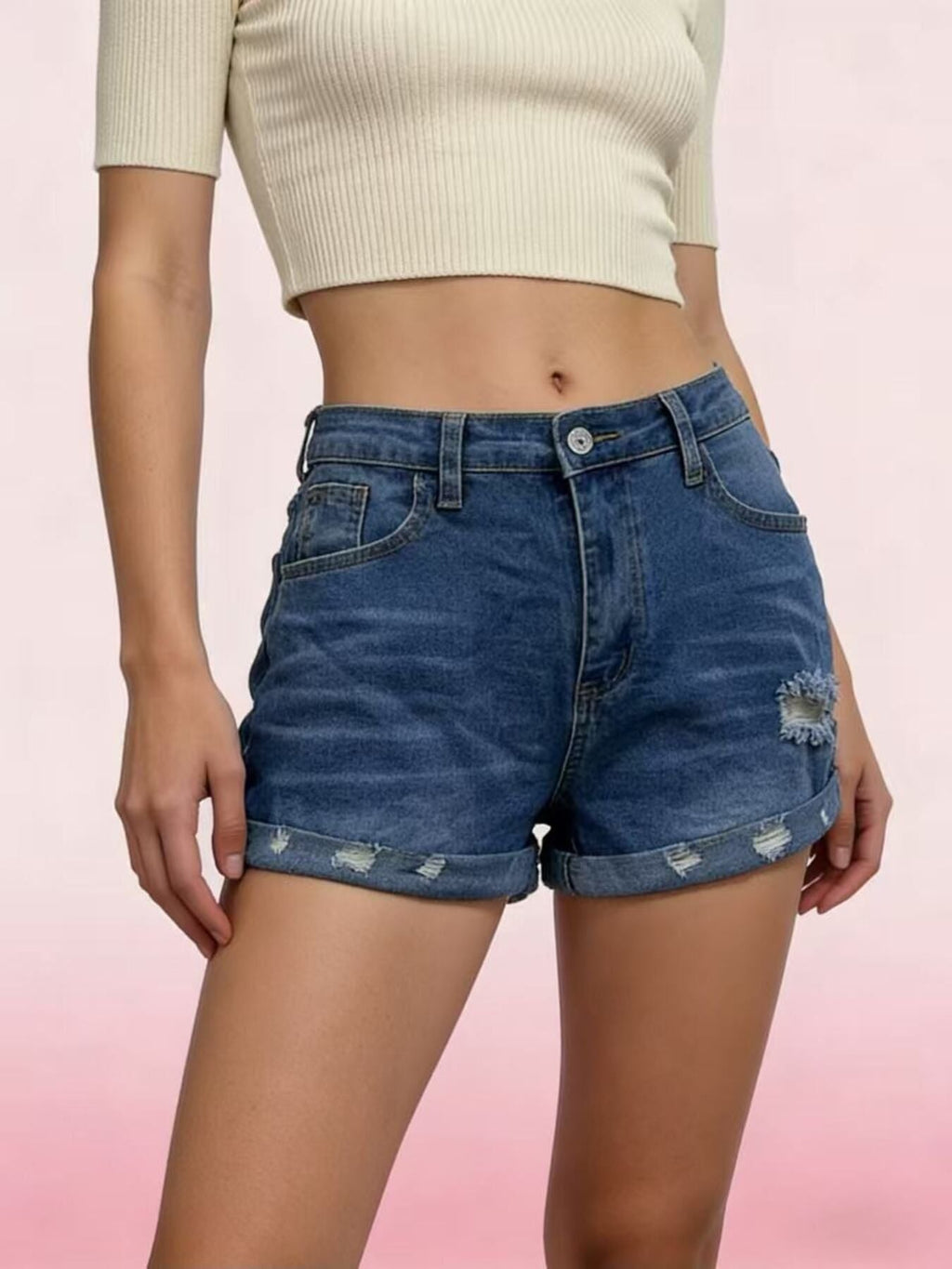Distressed Denim Roll Up Shorts