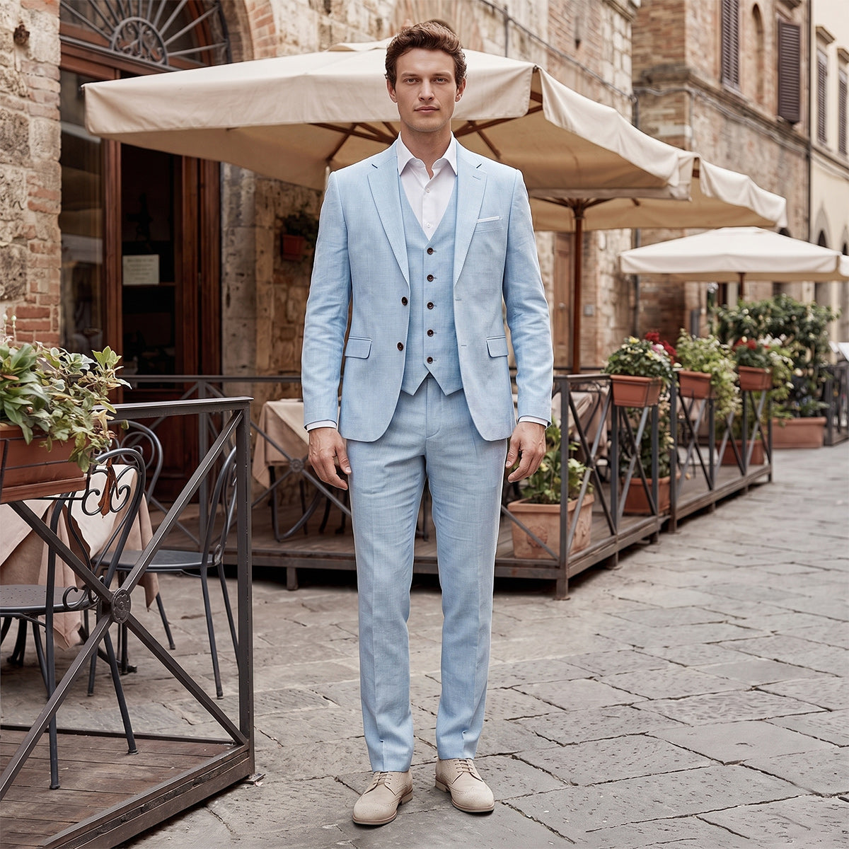 Tailored Fit Single Breasted Two-buttons 3 Pieces Solid Colored Men's Wedding Suits