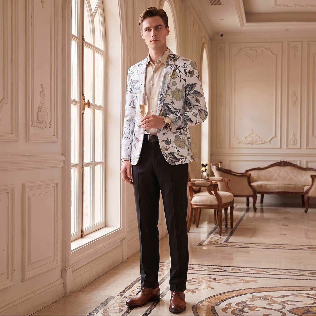 Tailored Fit Notched Lapel Single Breasted One-button Men's Party Jacket With Floral