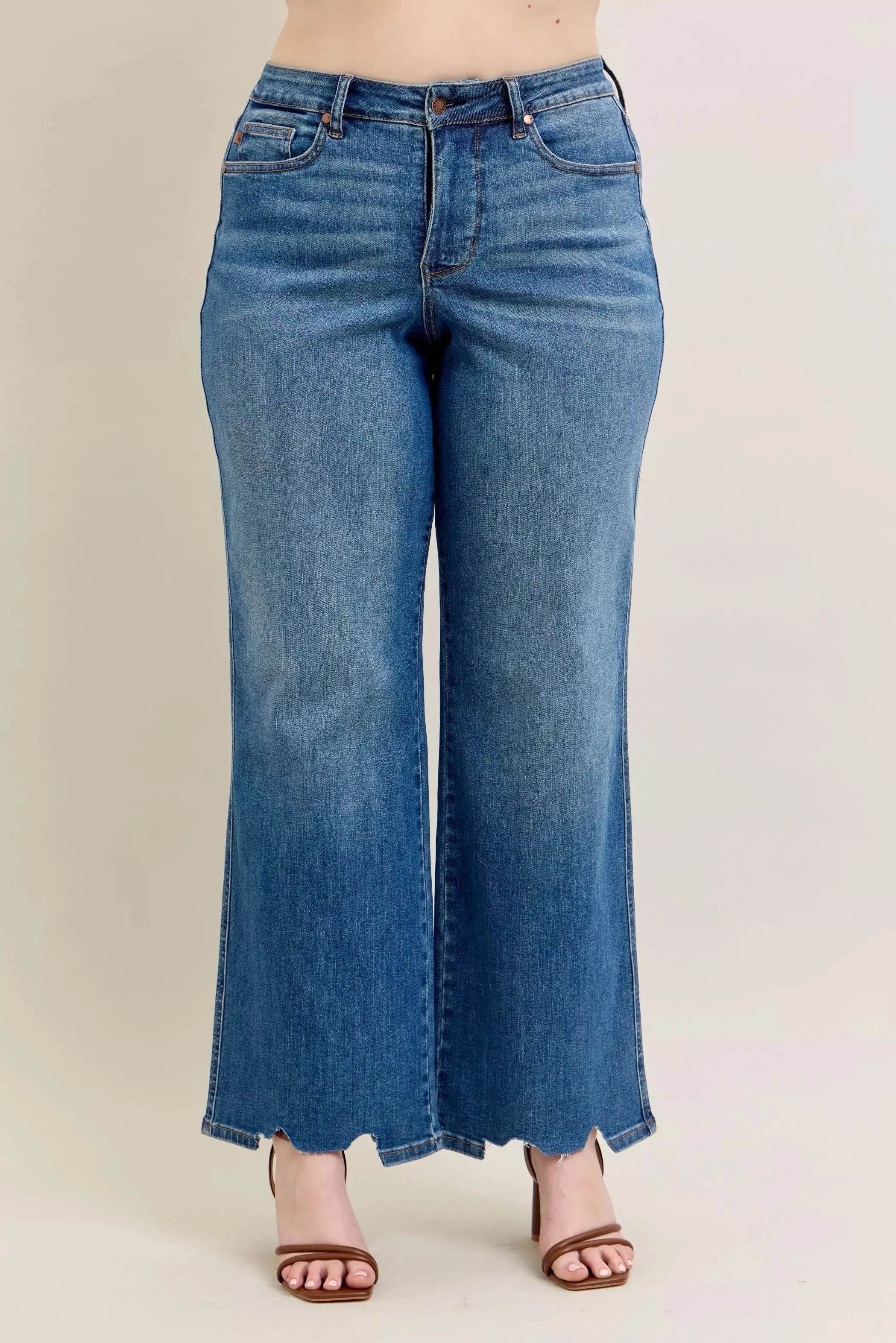 Judy Blue Full Size High Waist Tummy Control Destroy Wide Leg Jeans with Chew Hem