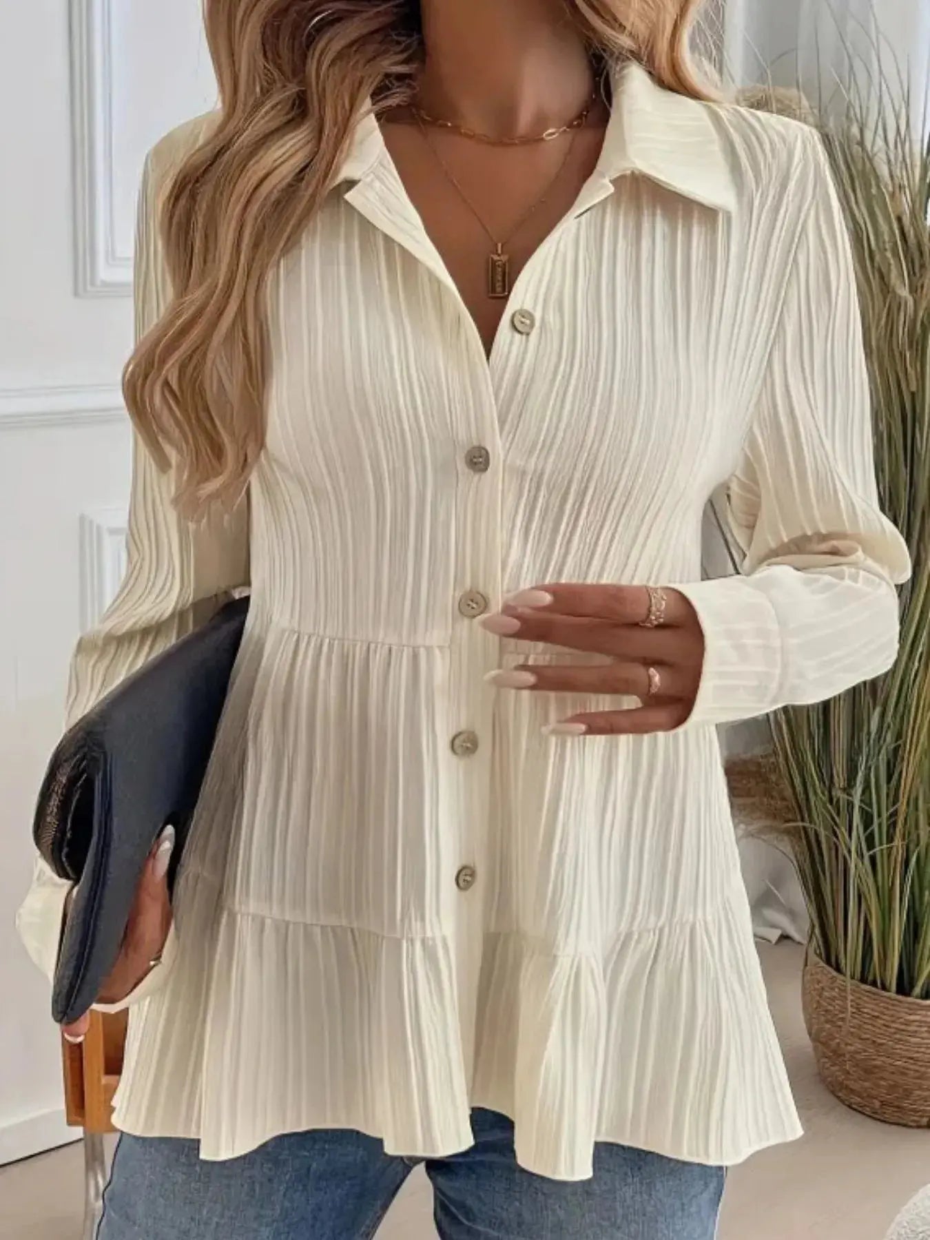 Striped Tiered  Button Down Shirt