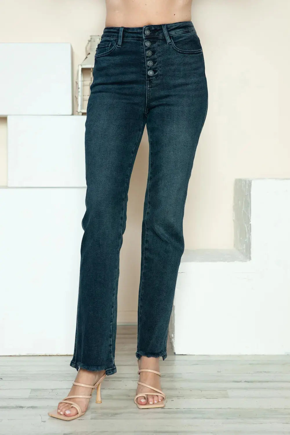 Plus Size Button Fly Hem Destroy Straight Leg Judy Blue Jeans