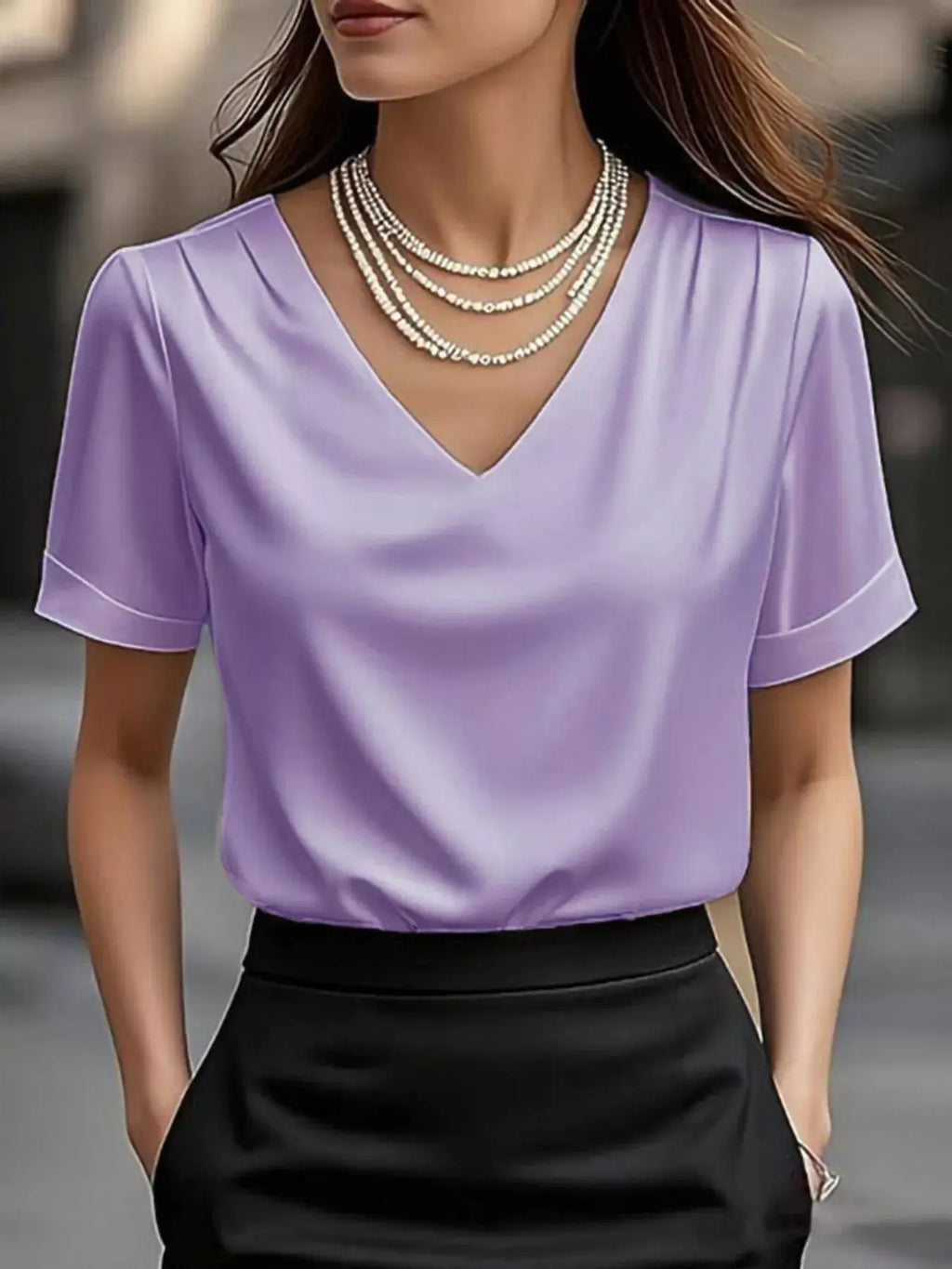 V-Neck Short Sleeve Satin Blouse