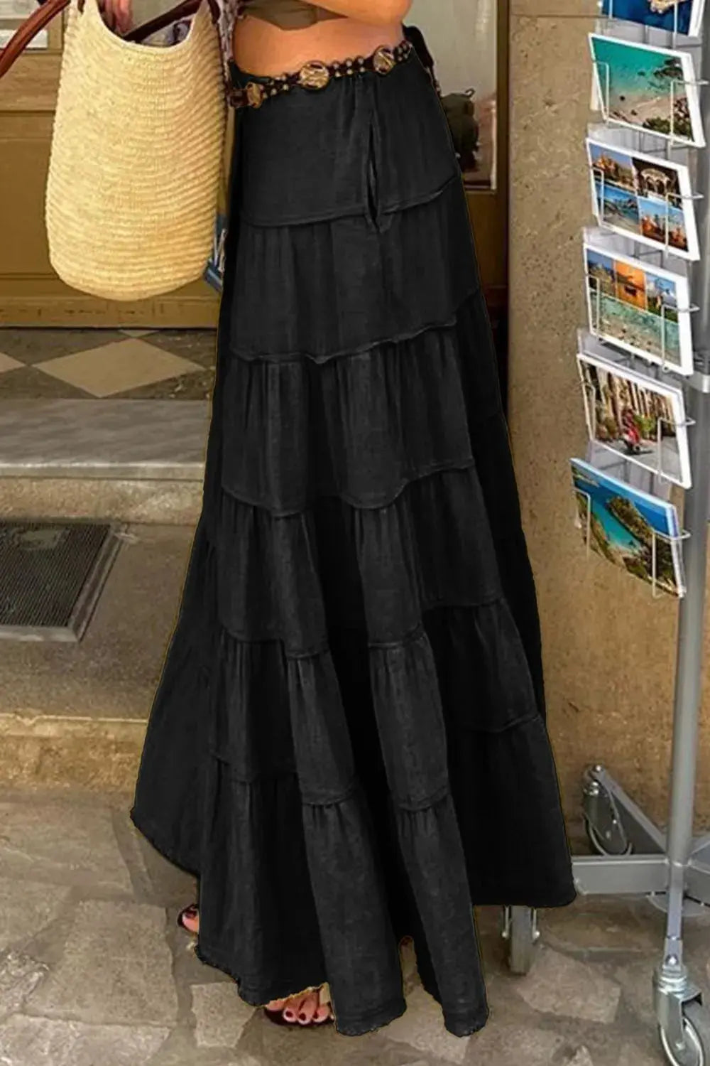 Boho Tiered Maxi Skirt with Drawstring Waist