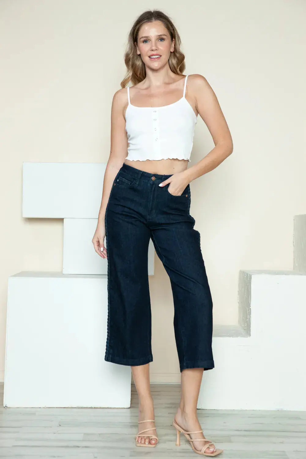 Judy Blue Full Size/Plus Size Side Seam Braid Detail Crop Wide Leg Jeans