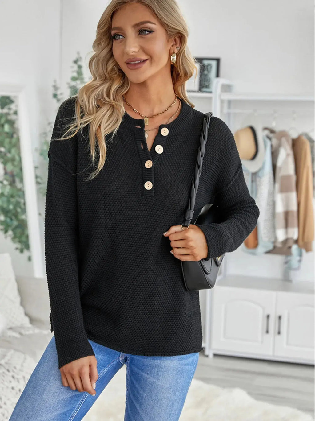 Waffle-Knit Button Detail Long Sleeve Knit Top