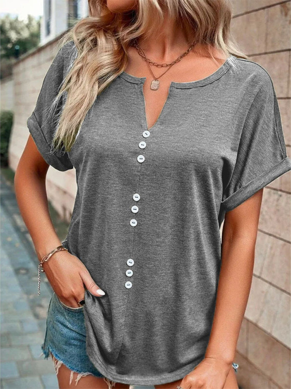 Full Size Decor Button Short Sleeve T Shirt