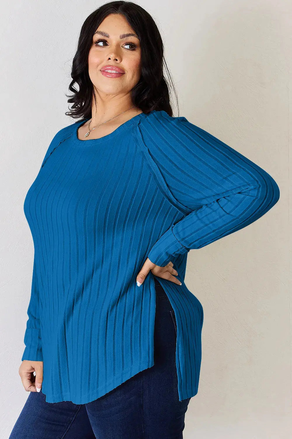 Basic Bae Ribbed Round Neck Slit Womens Long Sleeve T Shirt – Full & Plus Size