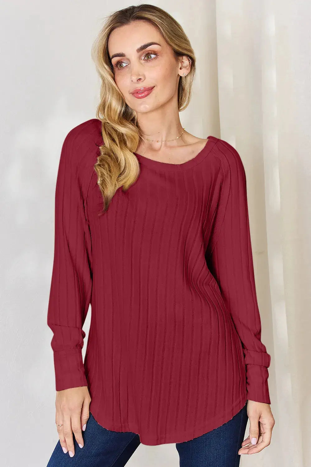 Basic Bae Ribbed Round Neck Slit Womens Long Sleeve T Shirt – Full & Plus Size