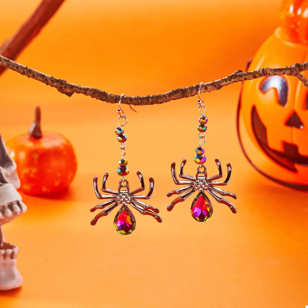 Crystal Spider Halloween Dangle Earrings