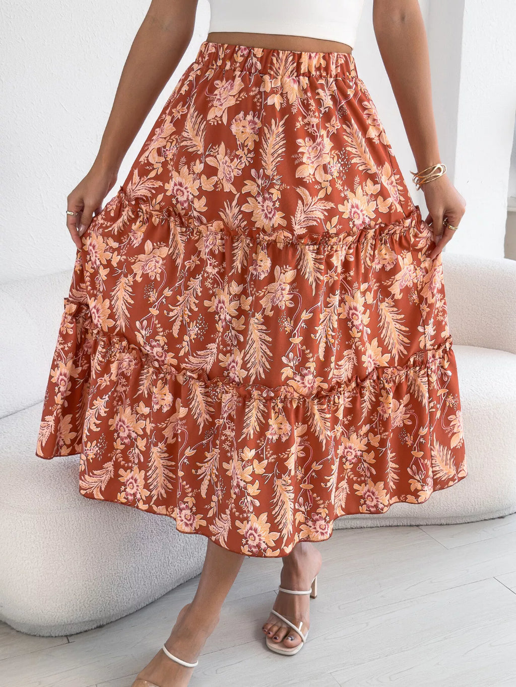 Floral Print Ruffle Hem Flowy Midi Skirt