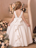 A-Line/Princess Boat Neck Sleeveless  Floor-Length Flower Girl Dresses With Bowknot & Ruffles