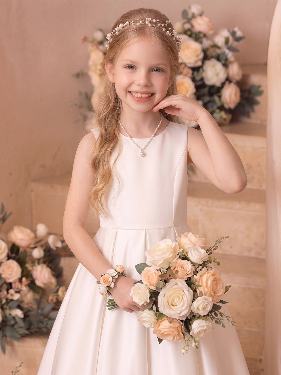 A-Line/Princess Boat Neck Sleeveless  Floor-Length Flower Girl Dresses With Bowknot & Ruffles