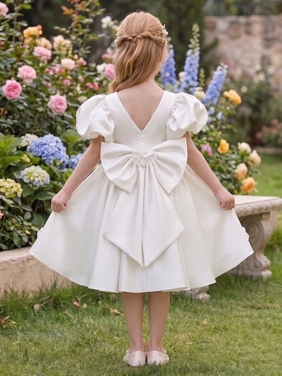 A-Line/Princess Scoop Short Sleeves Knee-Length Flower Girl Dresses With Sequins & Bowknot