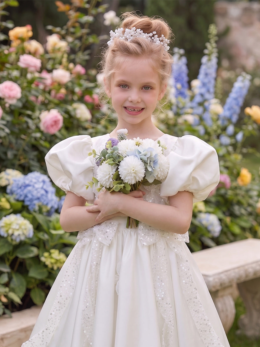 A-Line/Princess Scoop Short Sleeves Knee-Length Flower Girl Dresses With Sequins & Bowknot