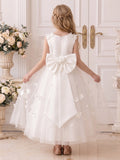 A-Line/Princess Scoop Sleeveless Ankle-Length Flower Girl Dresses With Bowknot & 3D Floral