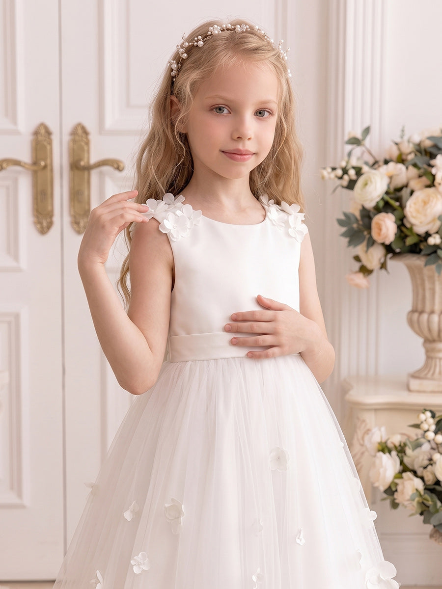 A-Line/Princess Scoop Sleeveless Ankle-Length Flower Girl Dresses With Bowknot & 3D Floral