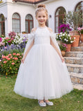 A-Line/Princess Cold Shoulder Cap Sleeves Ankle-Length Flower Girl Dresses With Beading & 3D Floral