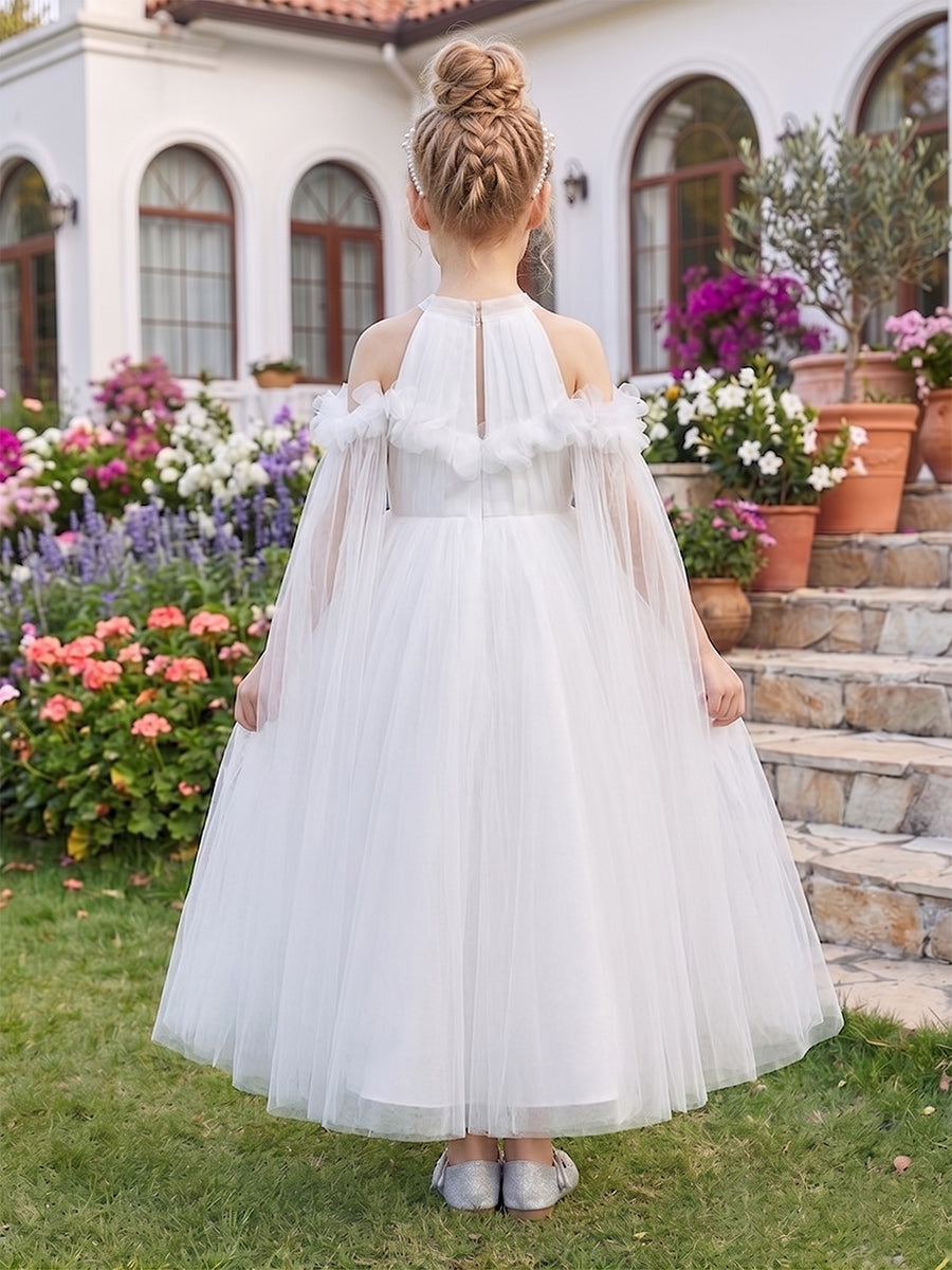 A-Line/Princess Cold Shoulder Cap Sleeves Ankle-Length Flower Girl Dresses With Beading & 3D Floral