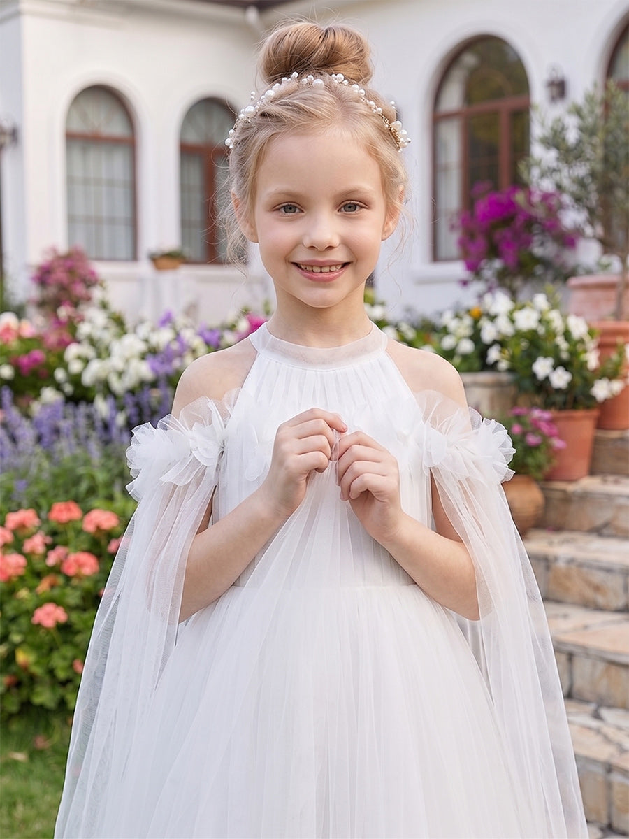 A-Line/Princess Cold Shoulder Cap Sleeves Ankle-Length Flower Girl Dresses With Beading & 3D Floral
