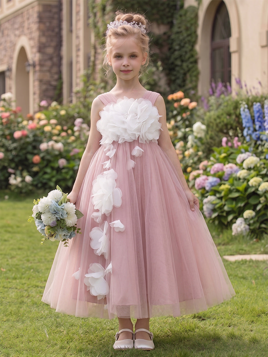 A-Line/Princess V-Neck Sleeveless Tea-Length Flower Girl Dresses With 3D Floral