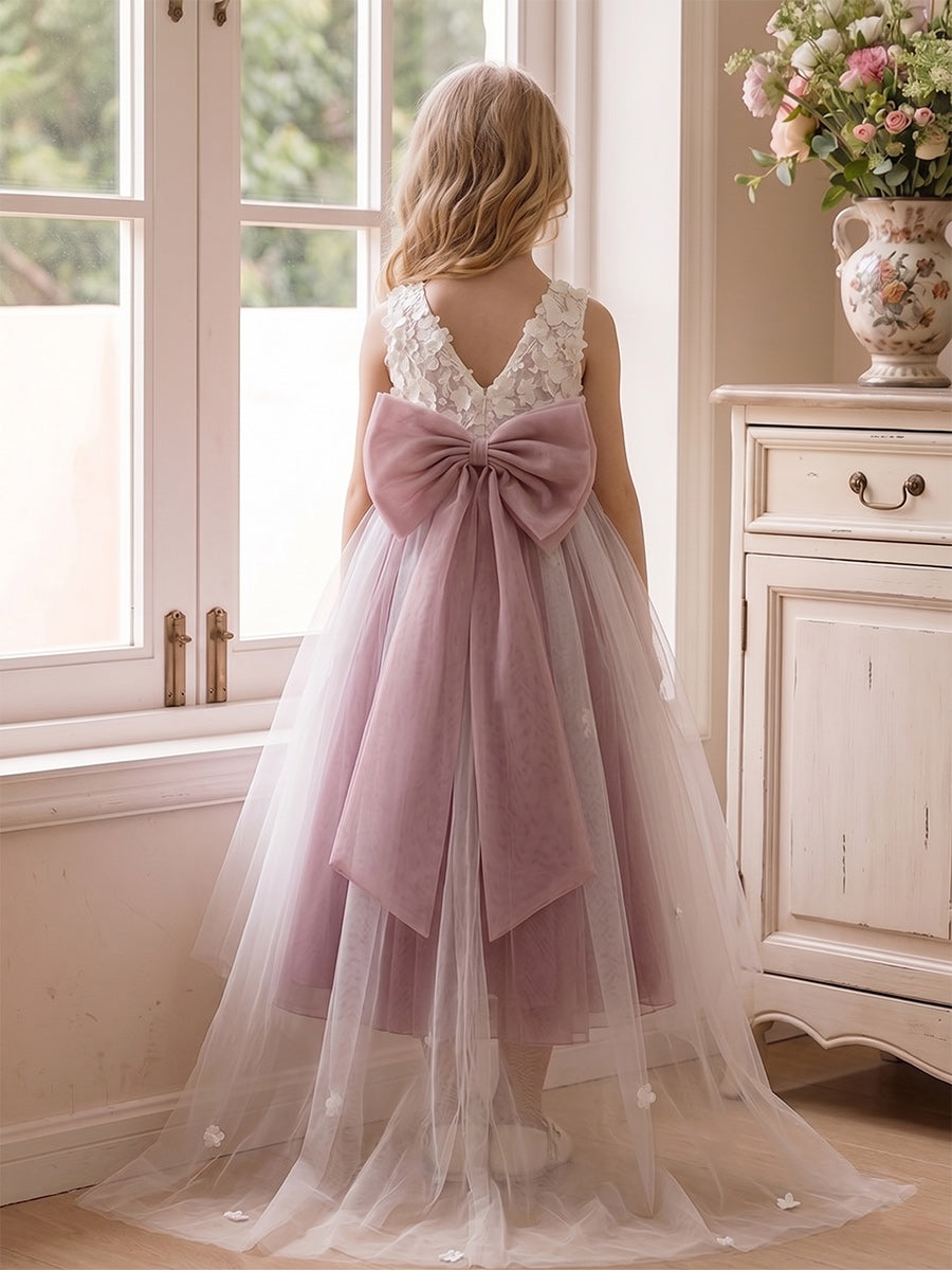 A-Line/Princess Scoop Sleeveless Ankle-Length Flower Girl Dresses With Bowknot & 3D Floral