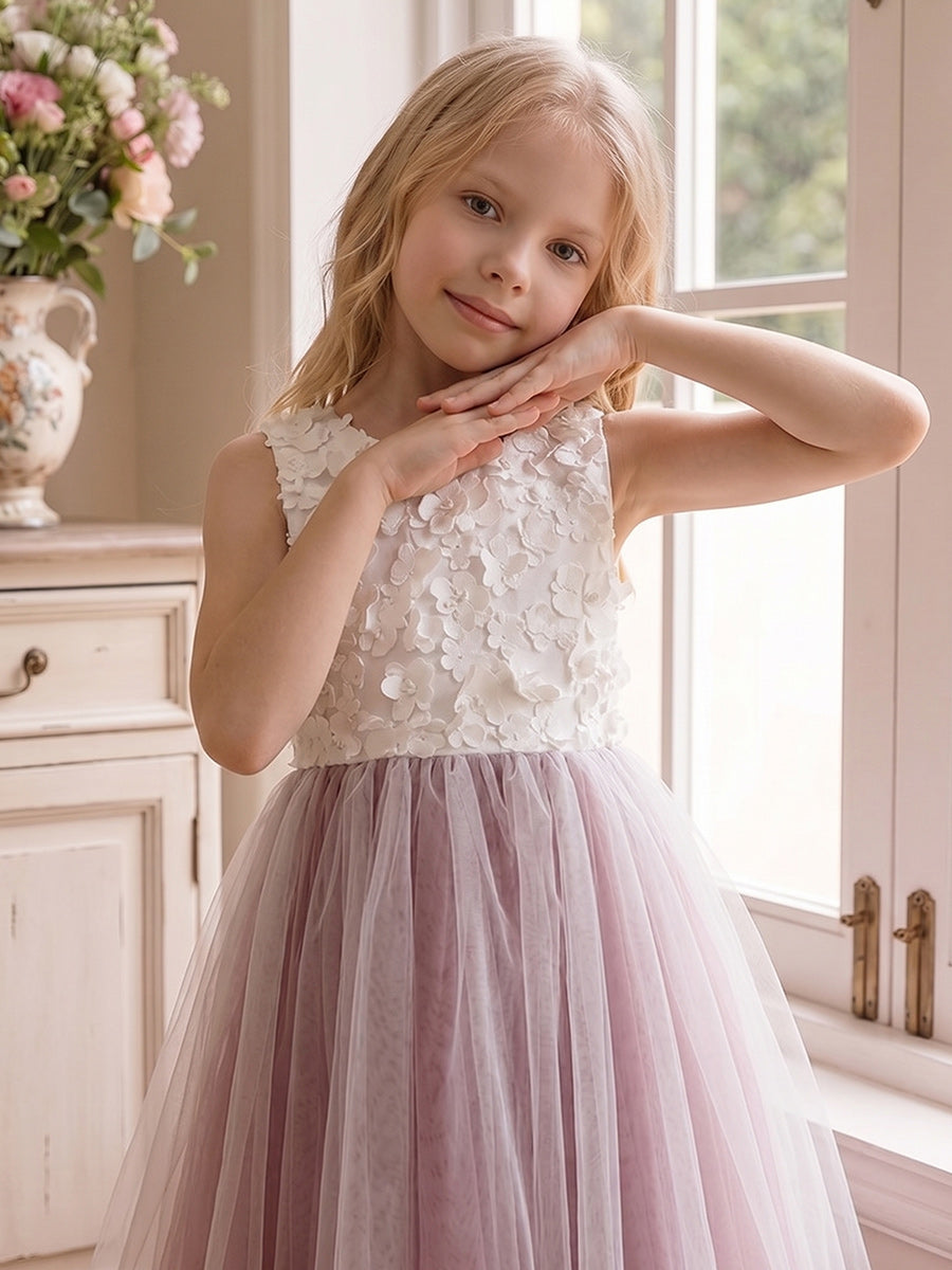 A-Line/Princess Scoop Sleeveless Ankle-Length Flower Girl Dresses With Bowknot & 3D Floral