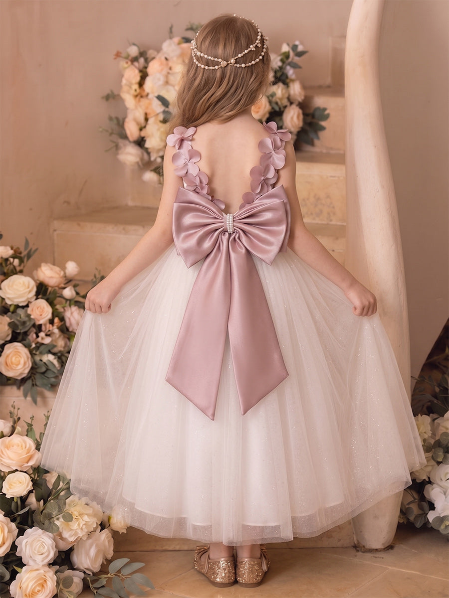 A-Line/Princess Sleeveless Scoop Ankle-Length Flower Girl Dresses With Bowknot & 3D Floral
