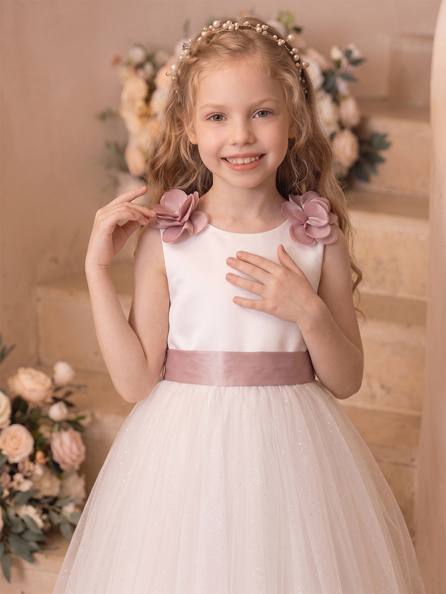 A-Line/Princess Sleeveless Scoop Ankle-Length Flower Girl Dresses With Bowknot & 3D Floral