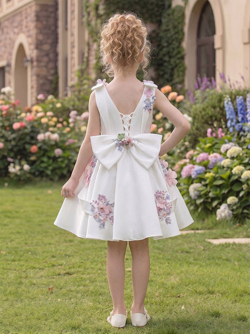 A-Line/Princess Boat Neck Sleeveless Knee-Length Flower Girl Dresses With Bowknot & 3D Floral