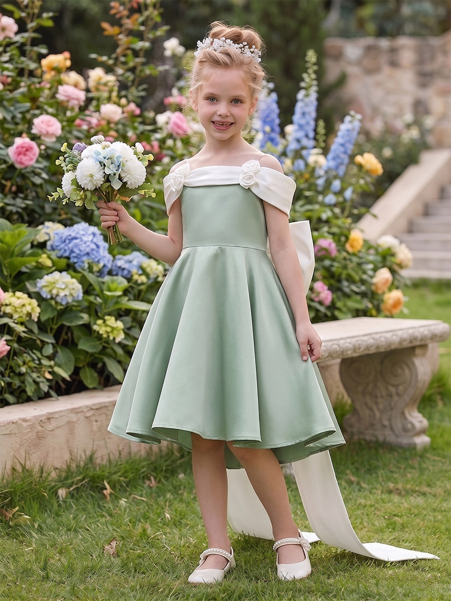 A-Line/Princess Off the Shoulder Sleeveless Knee-Length Flower Girl Dresses With Bowknot & 3D Floral
