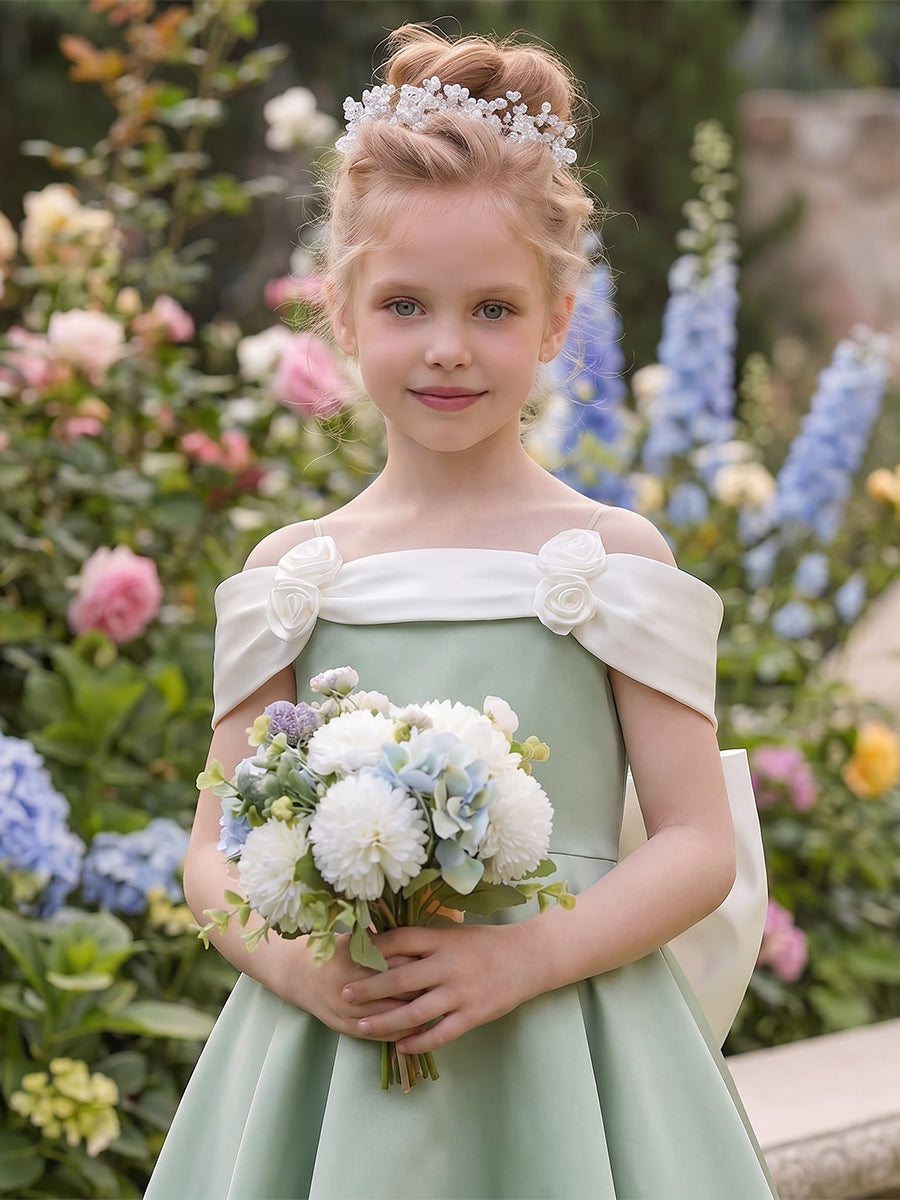 A-Line/Princess Off the Shoulder Sleeveless Knee-Length Flower Girl Dresses With Bowknot & 3D Floral