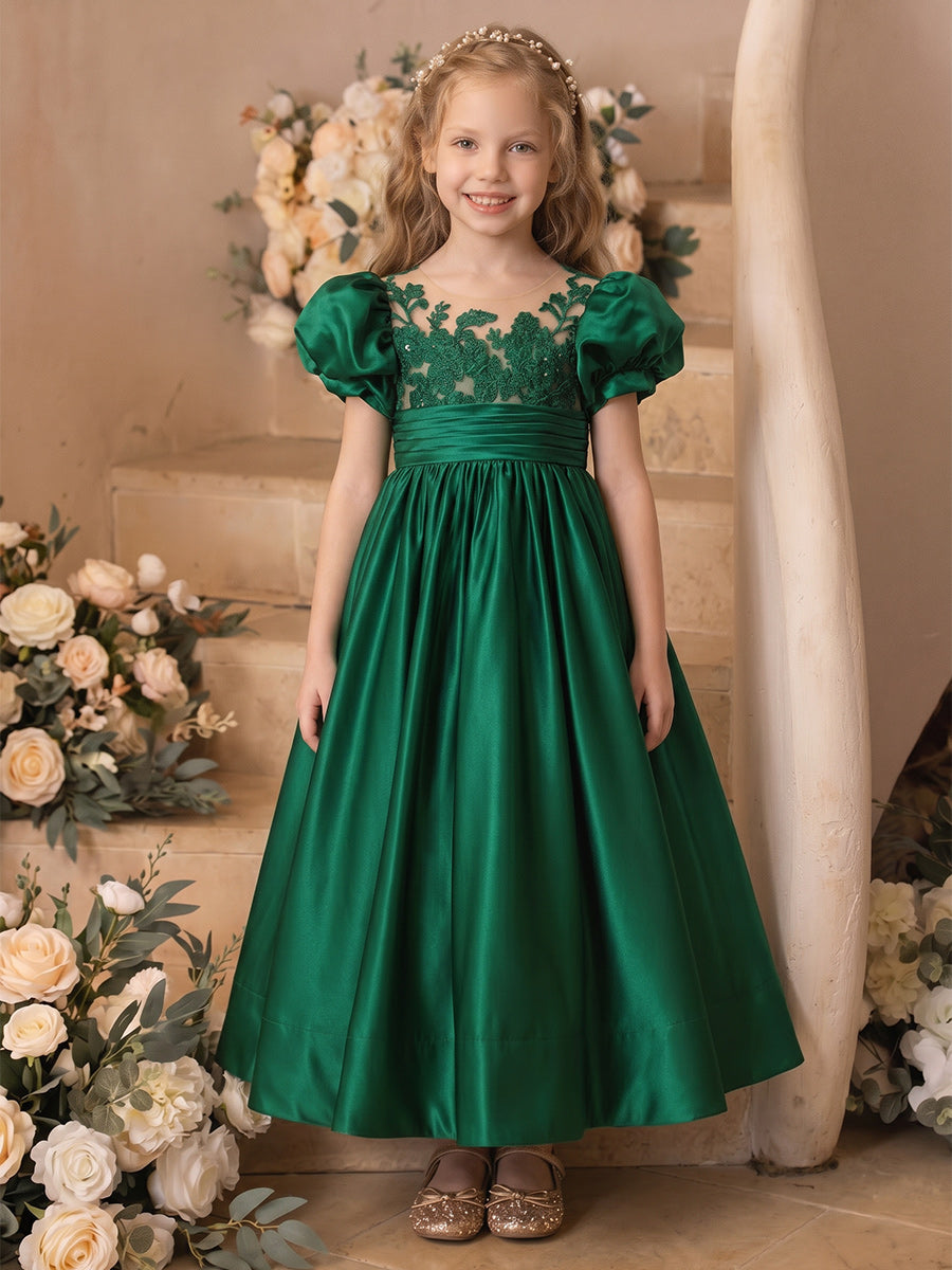 A-Line/Princess Scoop Short Sleeves Floor-Length Flower Girl Dresses With Lace & Bowknot