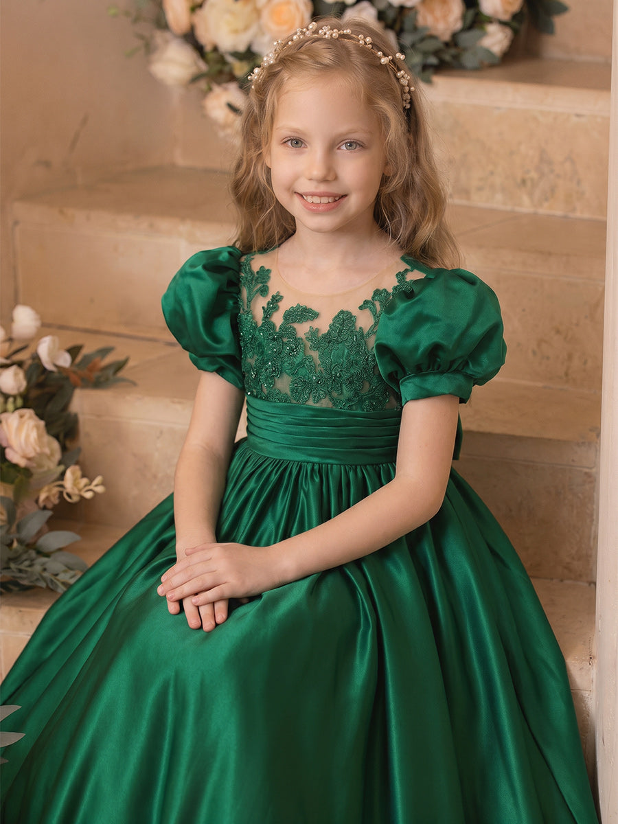 A-Line/Princess Scoop Short Sleeves Floor-Length Flower Girl Dresses With Lace & Bowknot