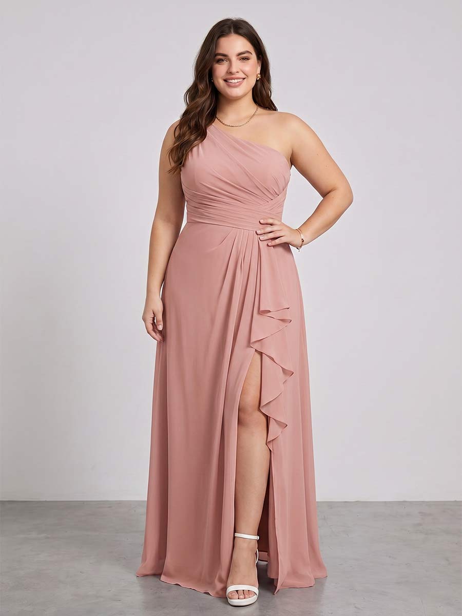 A-Line/Princess One-Shoulder Long Plus Size Bridesmaid Dresses with Split Side & Ruched