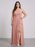 A-Line/Princess One-Shoulder Long Plus Size Bridesmaid Dresses with Split Side & Ruched