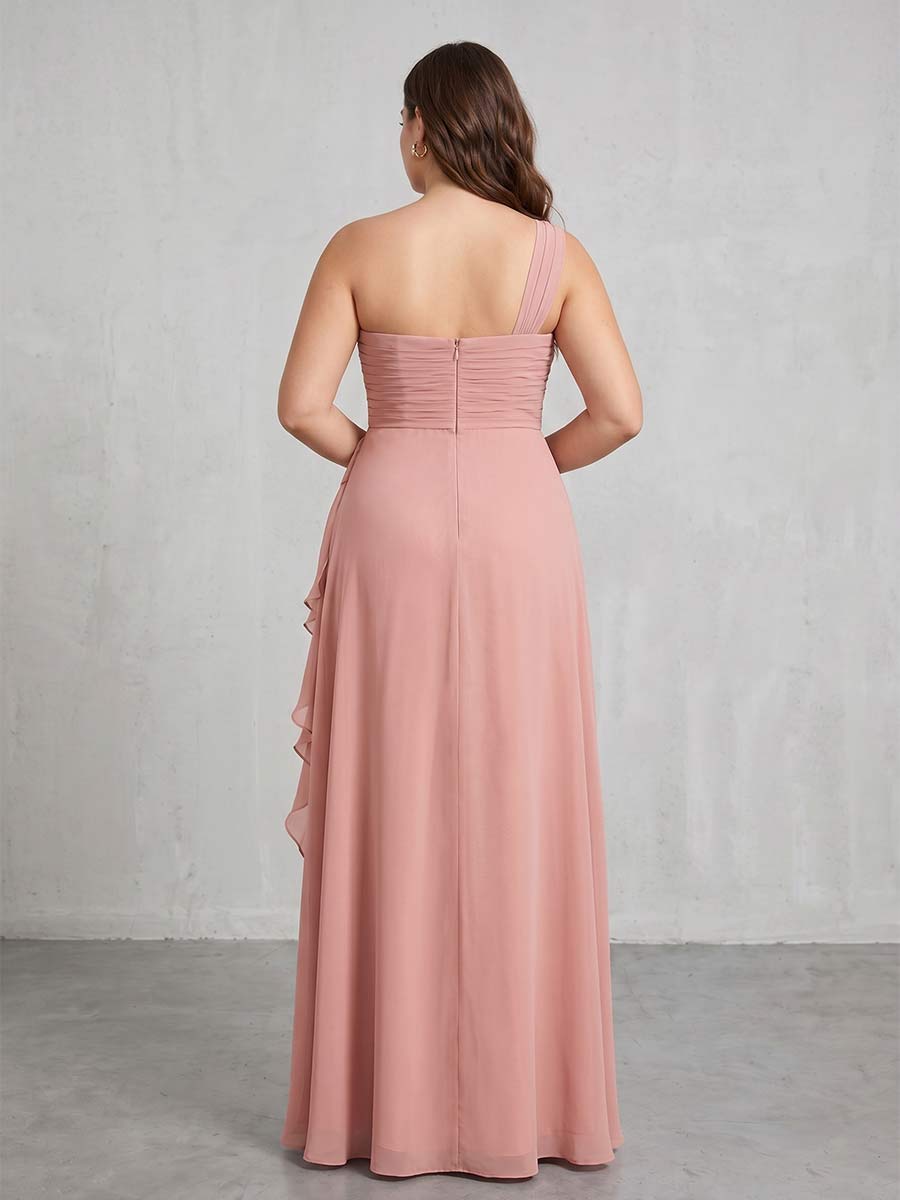 A-Line/Princess One-Shoulder Long Plus Size Bridesmaid Dresses with Split Side & Ruched