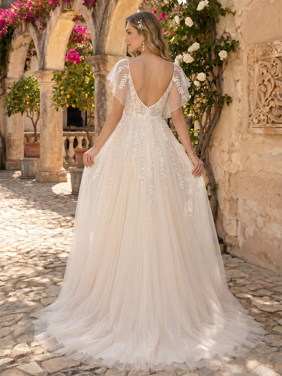 A-Line/Princess V-Neck Flutter Sleeves Court Train Maternity Wedding Dresses With Applique & Lace