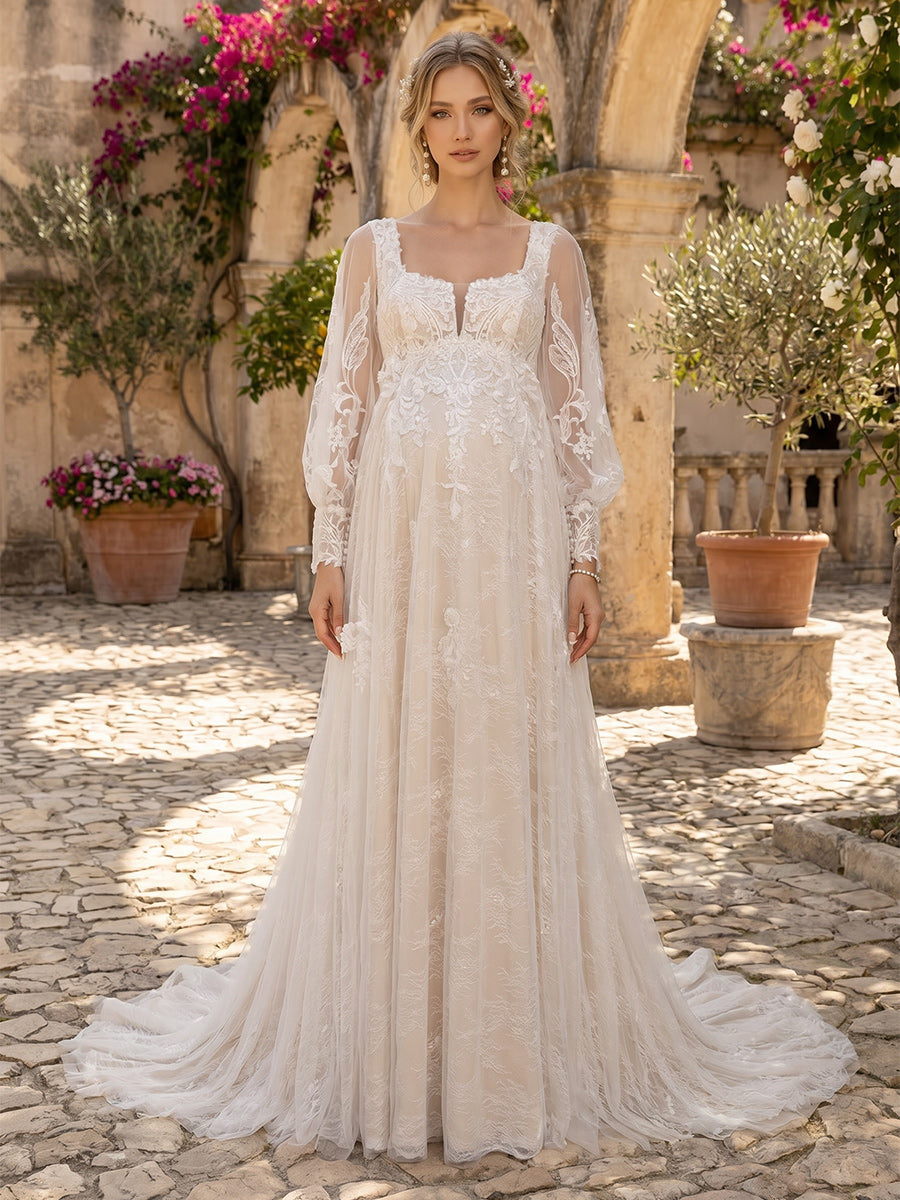A-Line/Princess Square Neck Long Sleeves Court Train Maternity Wedding Dresses With Applique & Lace
