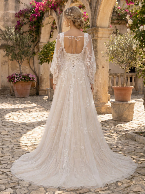 A-Line/Princess Square Neck Long Sleeves Court Train Maternity Wedding Dresses With Applique & Lace