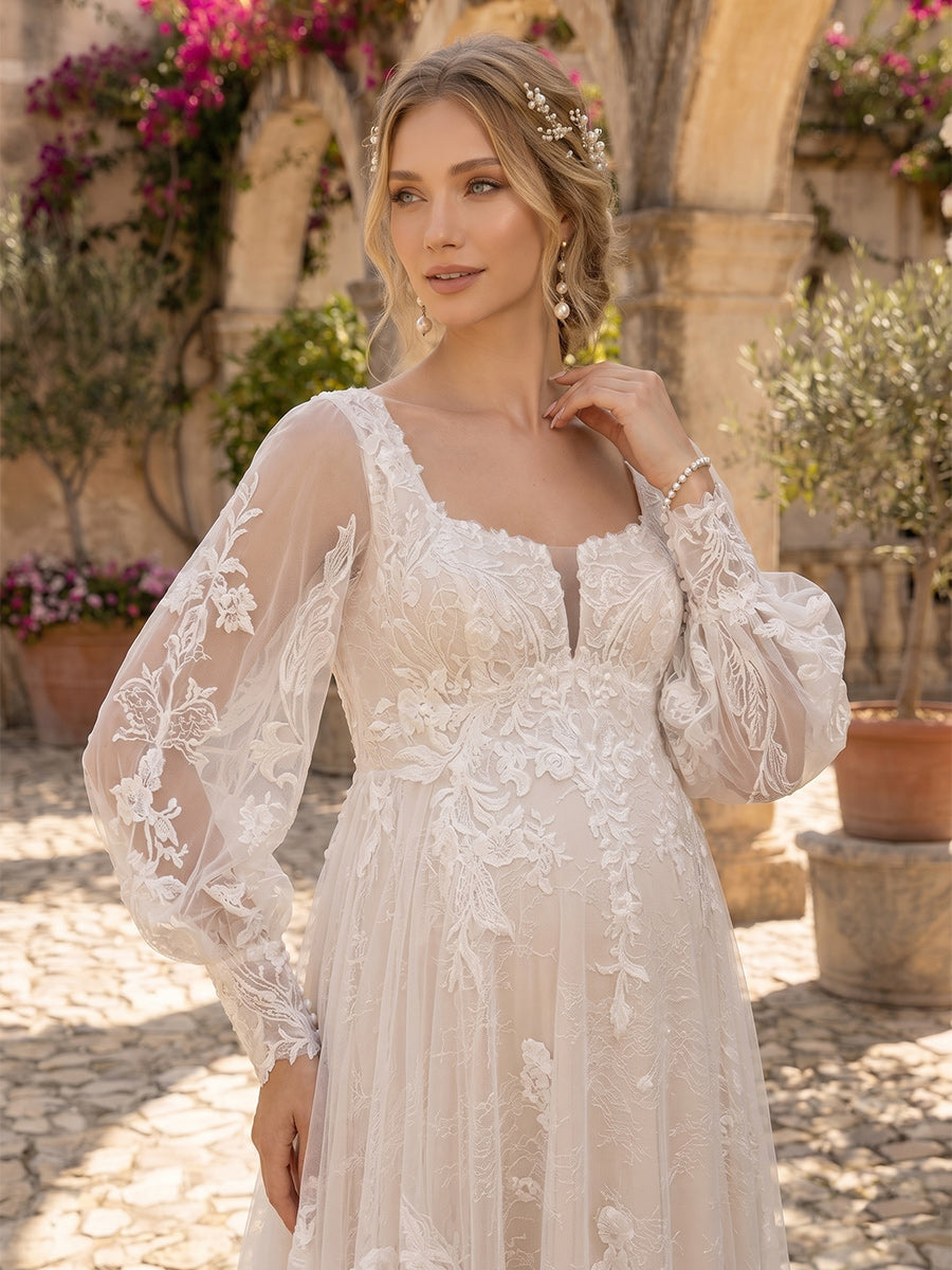 A-Line/Princess Square Neck Long Sleeves Court Train Maternity Wedding Dresses With Applique & Lace
