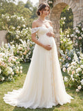A-Line/Princess  Off the Shoulder Sleeveless Court Train Maternity Wedding Dresses With Applique & Lace