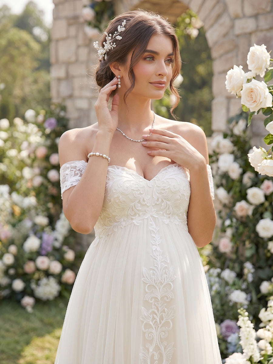 A-Line/Princess  Off the Shoulder Sleeveless Court Train Maternity Wedding Dresses With Applique & Lace