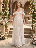 A-Line/Princess Cold Shoulder Spaghetti Straps Sleeveless Floor-Length Maternity Wedding Dresses With Applique & Lace