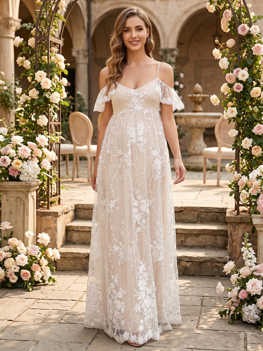 A-Line/Princess Cold Shoulder Spaghetti Straps Sleeveless Floor-Length Maternity Wedding Dresses With Applique & Lace