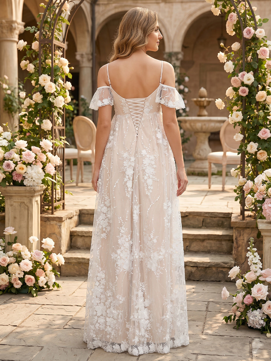 A-Line/Princess Cold Shoulder Spaghetti Straps Sleeveless Floor-Length Maternity Wedding Dresses With Applique & Lace