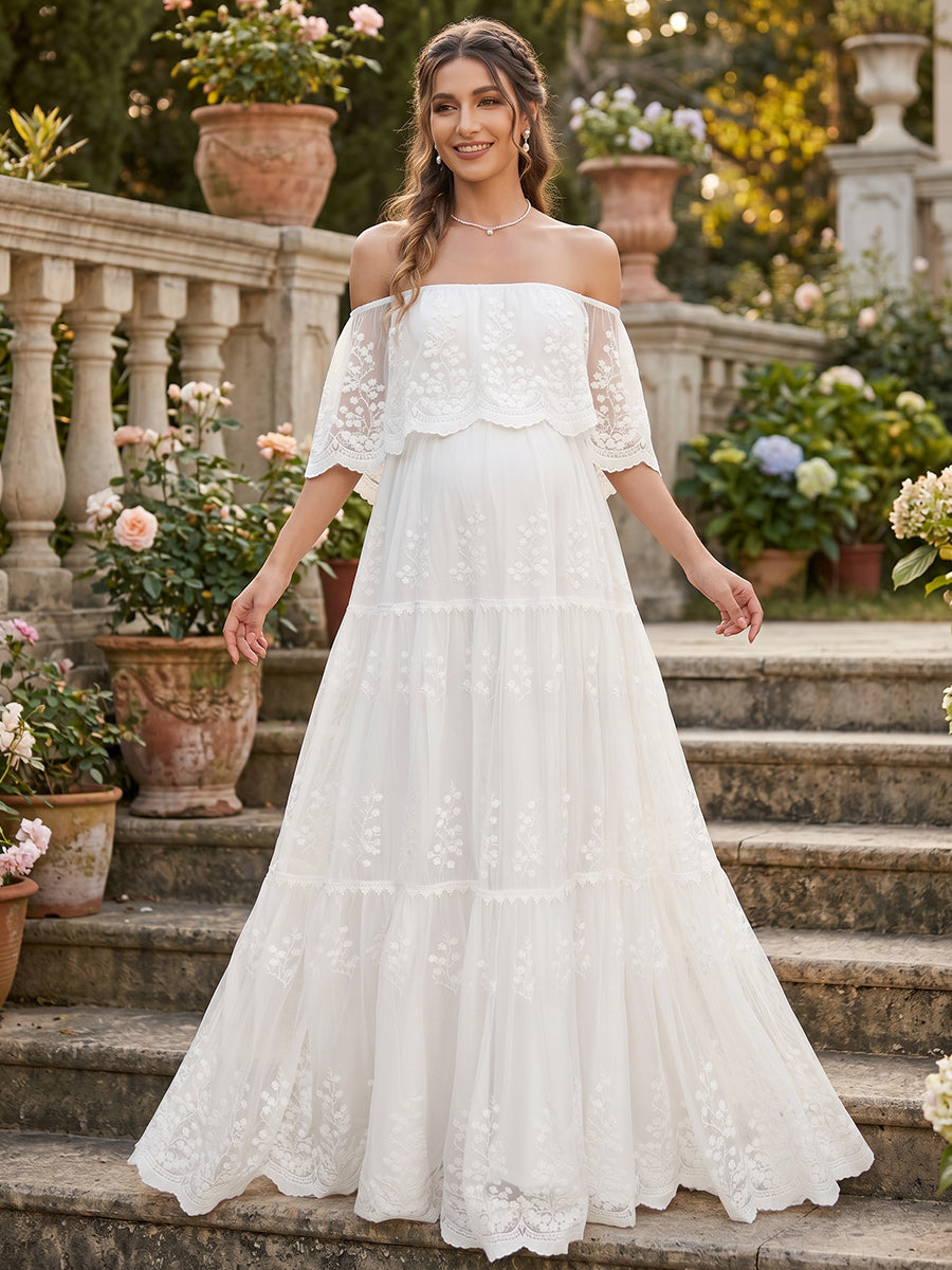 A-Line/Princess  Off the Shoulder Half Sleeves Floor-Length Maternity Wedding Dresses With Lace