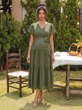 A-Line/Princess V-Neck Short Sleeves Tea-Length Maternity Wedding Guest Dresses With Bowknot & Ruffles